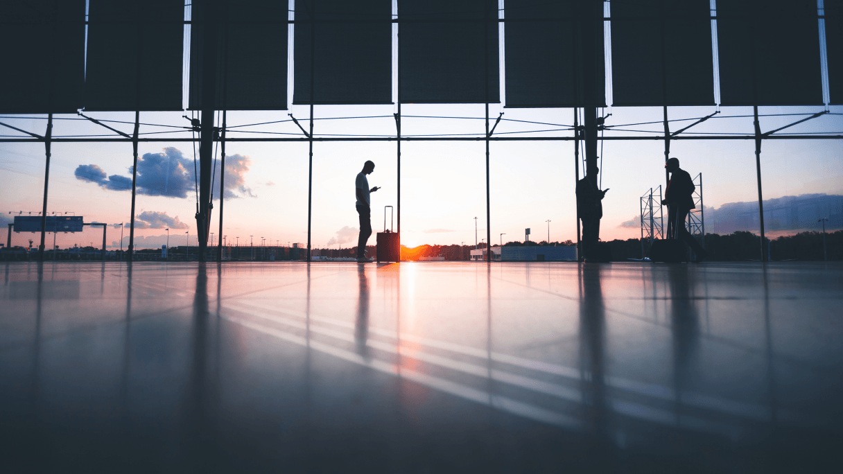 Inside of an airport on sunset